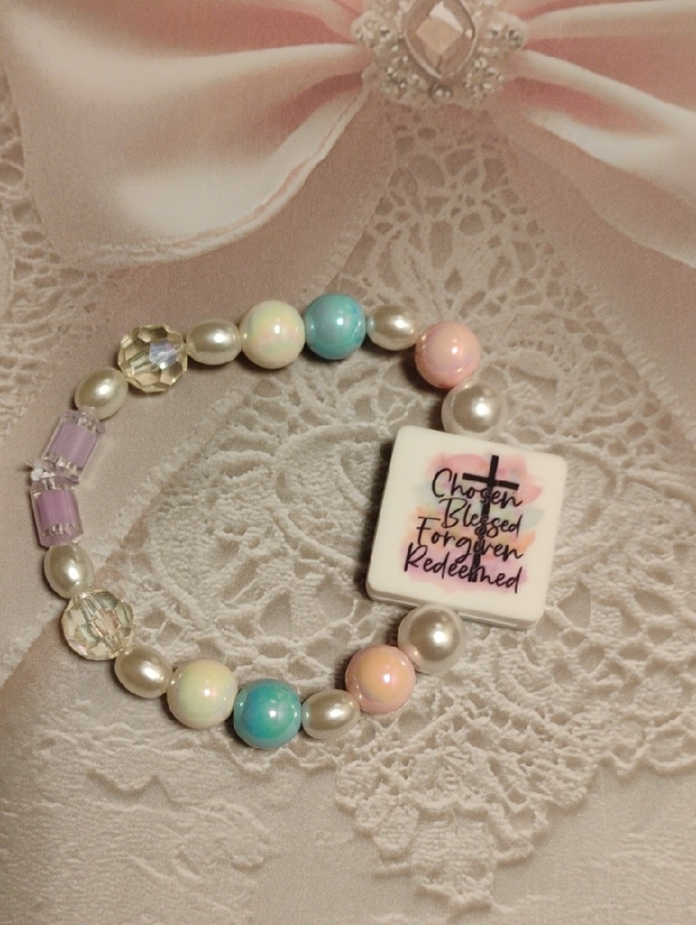 Pastel Beaded Bracelet with Inspirational Tile